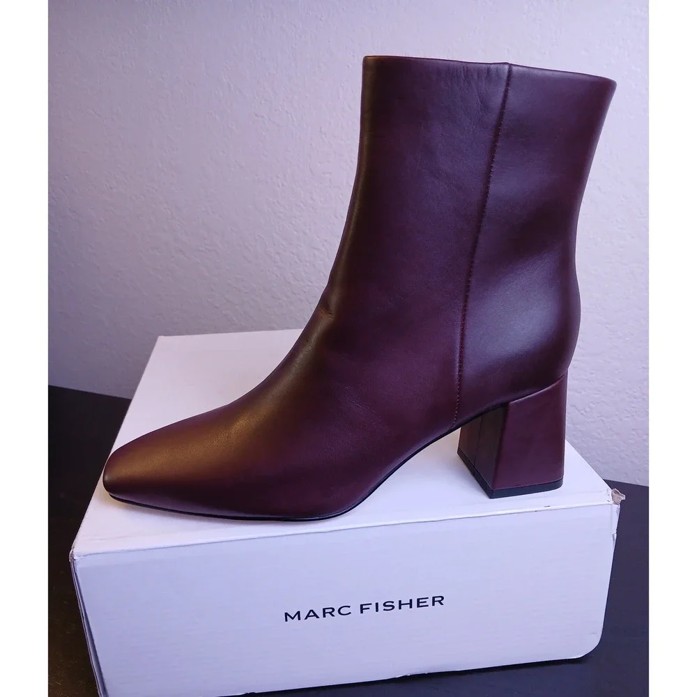 Marc Fisher Ulani Dark Red Leather Pointed Toe Block Heel Ankle Boots Women NEW